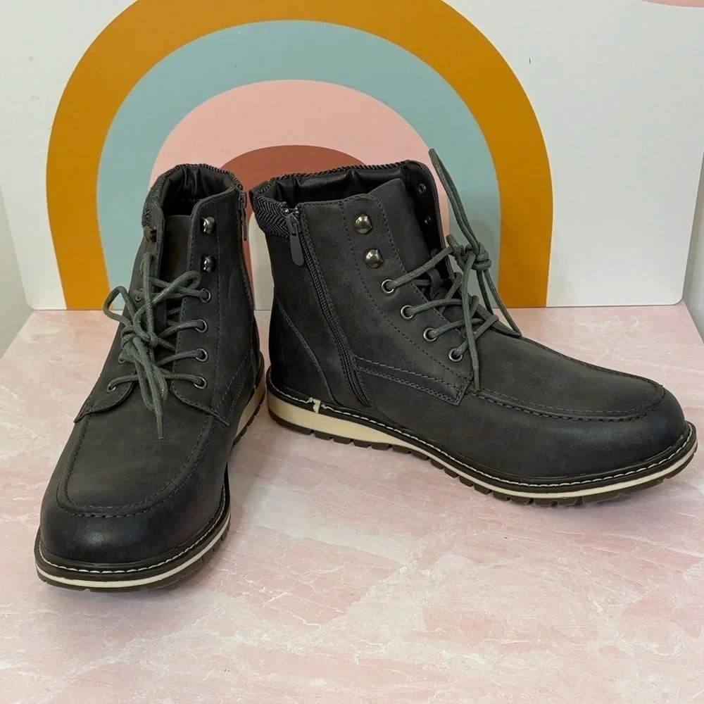 Bruno Marc Apache Grey Leather Lace-Up & Side Zip Work Combat Boots sz 12 NWOT